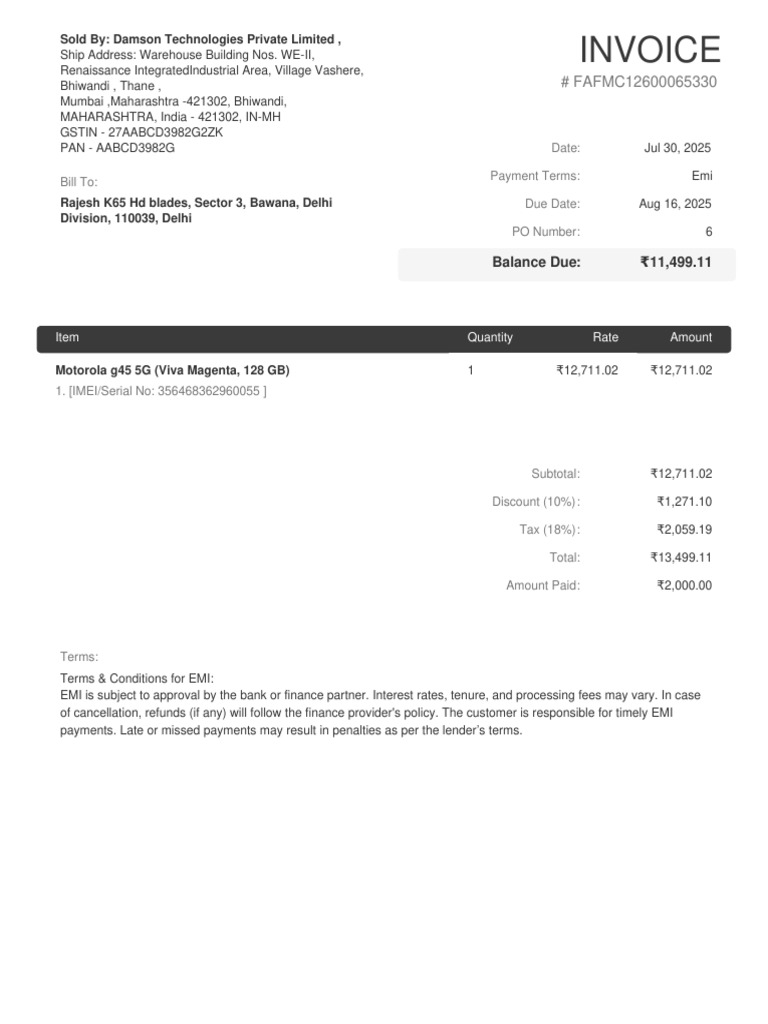 Invoice for Motorola g45 5G Purchase | PDF