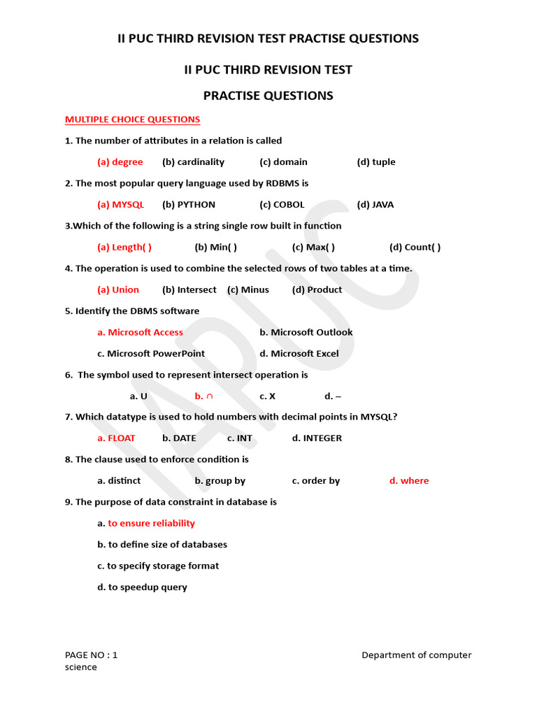 II PUC Computer Science Revision Questions | PDF | Databases | Sql