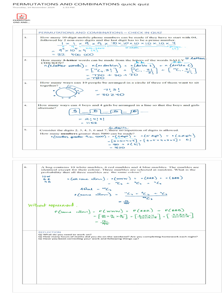 Permutations and Combinations Quick Quiz | PDF