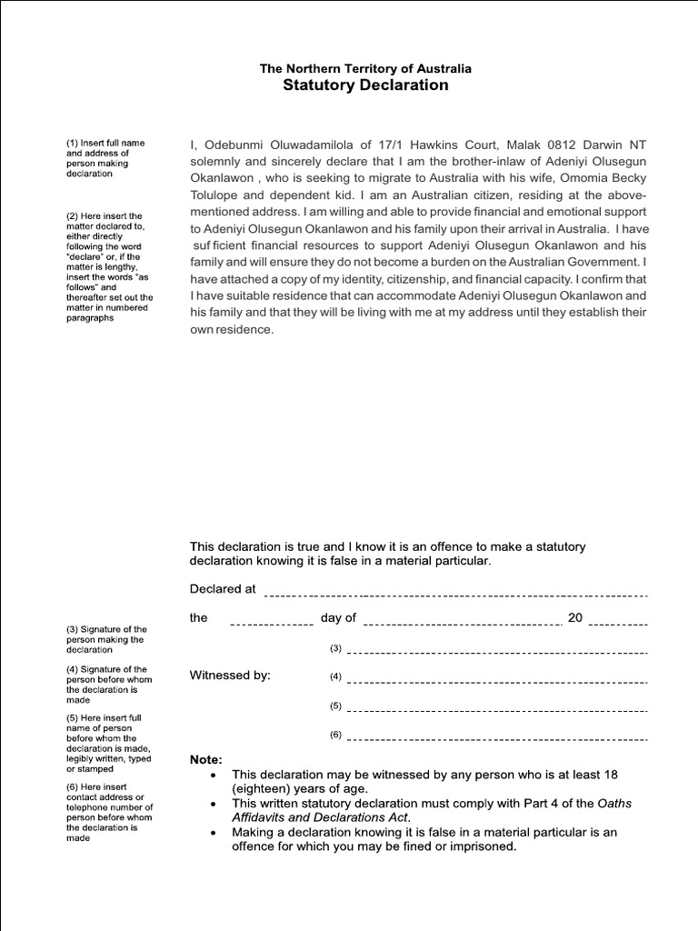 Support Declaration for Migration to Australia | PDF