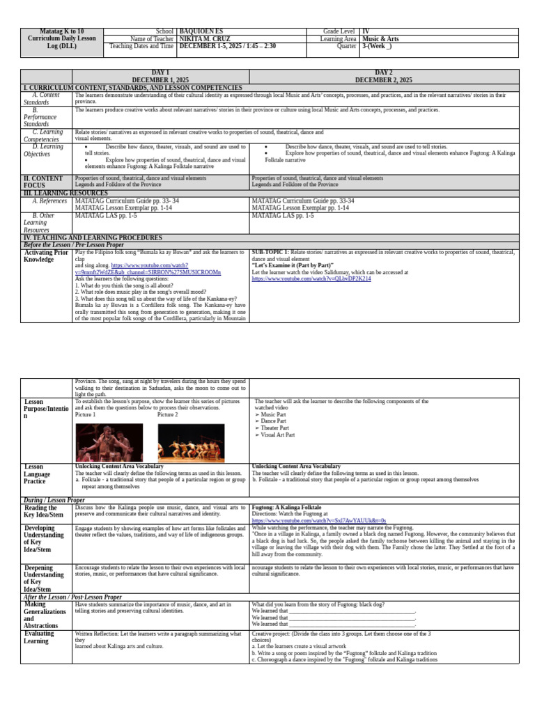 K to 10 Music & Arts Lesson Plan | PDF | Folklore | Narrative