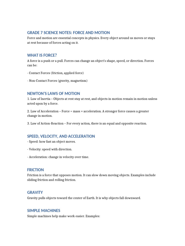 Grade 7 Science: Force and Motion Notes | PDF