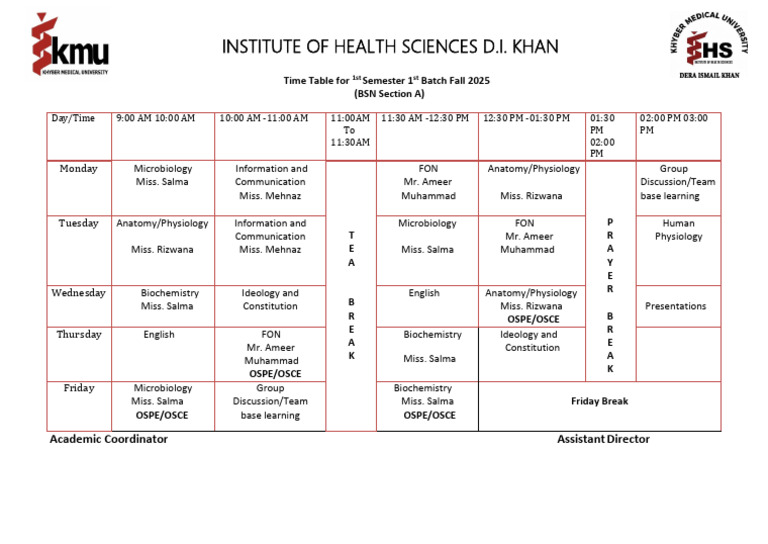 Fall 2025 BSN 1st Semester Timetable | PDF