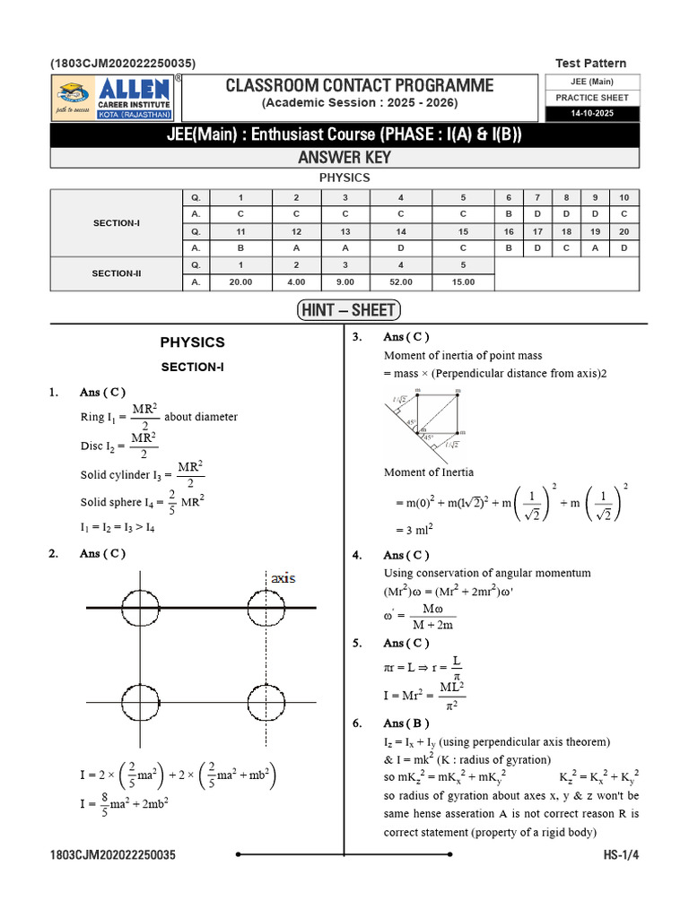 JEE Main Physics Practice Sheet 2025 | PDF | Rotation | Space