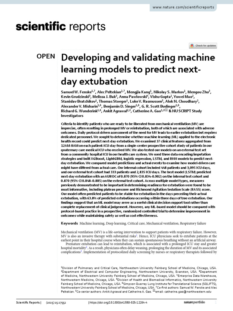 Developing and Validating Ml Models to Predict Next Day Extubation ...