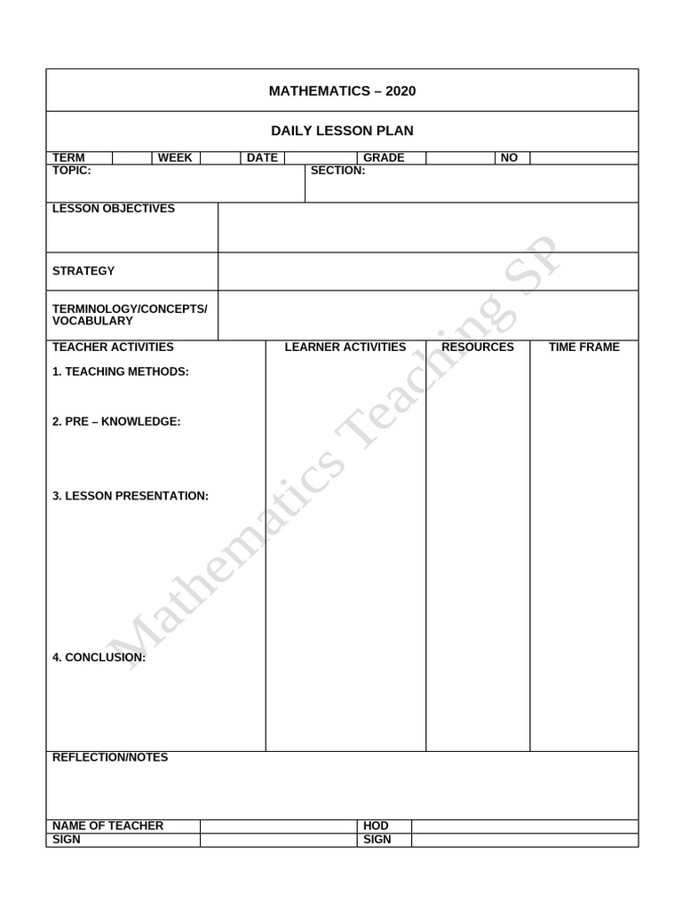 2020 Mathematics Daily Lesson Plan | PDF