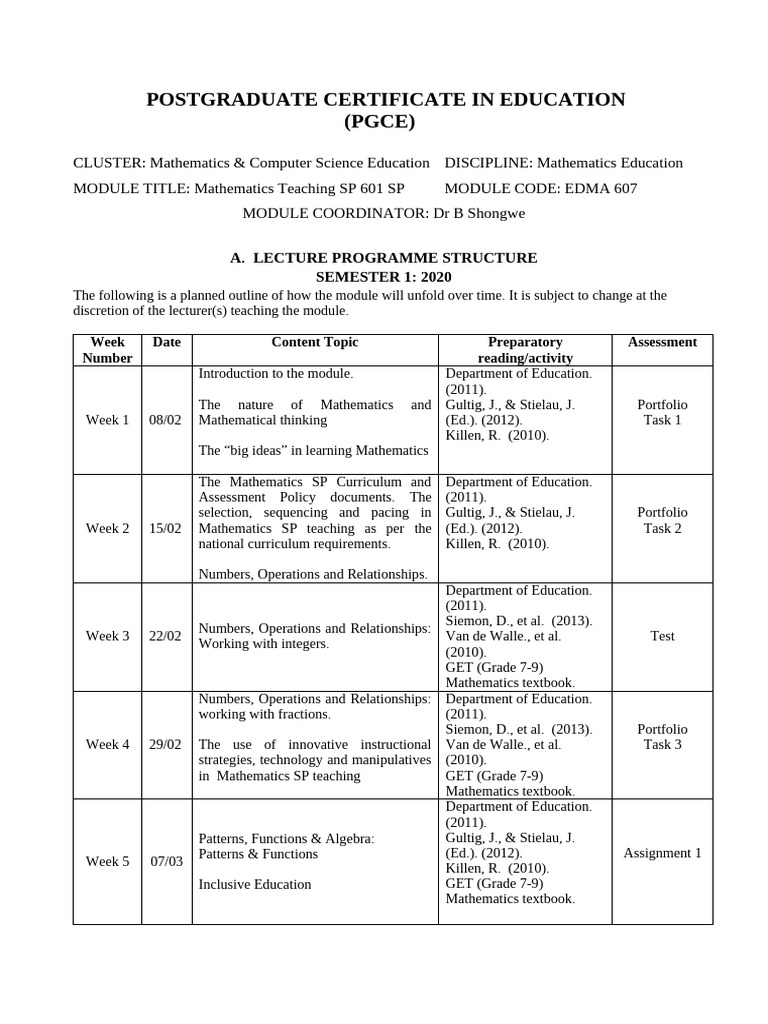 PGCE Mathematics Education Module Outline | PDF | Mathematics | Curriculum