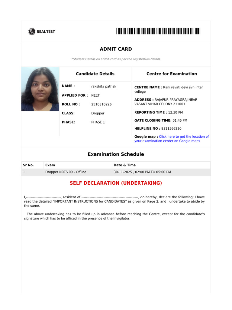 NEET Admit Card Details for Dropper | PDF | Identity Document
