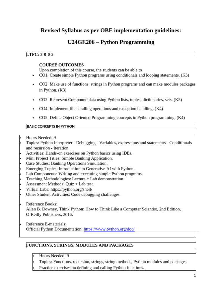 Revised Python Syllabus as per OBE | PDF | Python (Programming Language ...