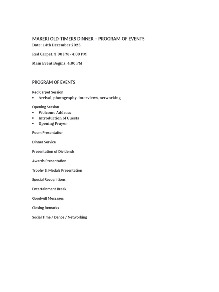 Makeri Old-Timers Dinner Events 2025 | PDF