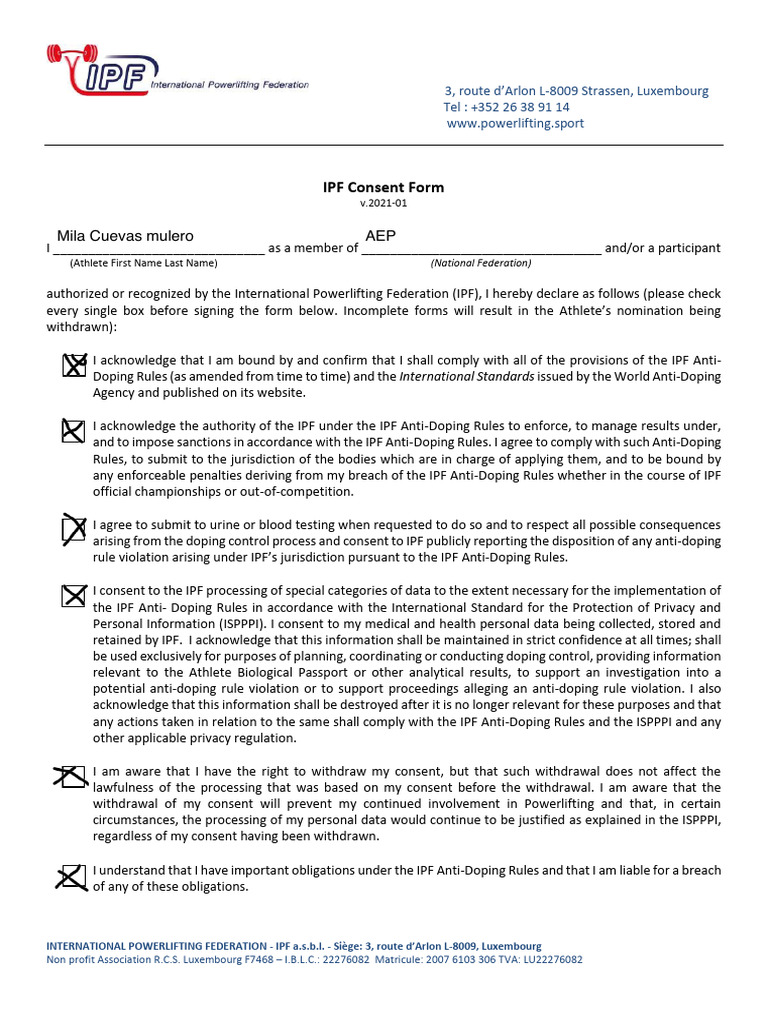 IPF Anti-Doping Consent Form 2021 | PDF | Doping In Sport | Consent