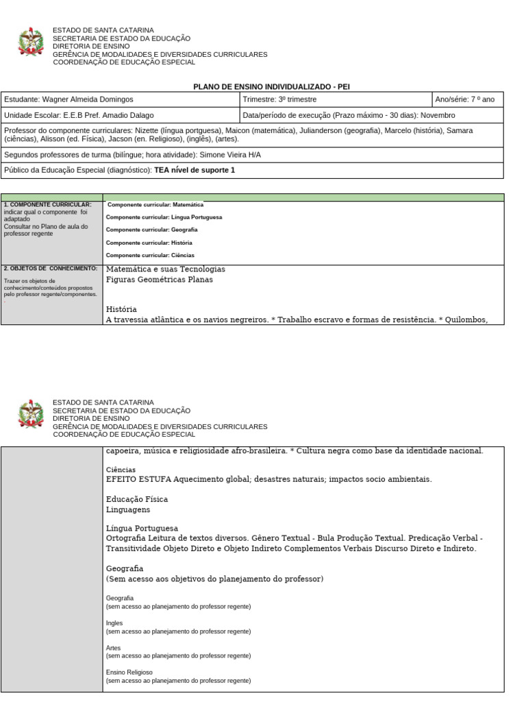 Plano de Ensino Individualizado PEI 7º Ano | PDF | Pedagogia | Educação ...