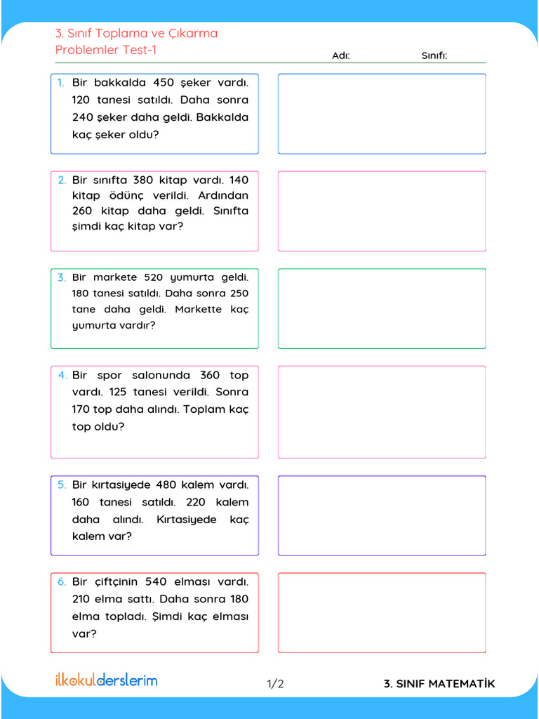 3 Sinif Toplama-Cikarma Problemler Test 1 | PDF