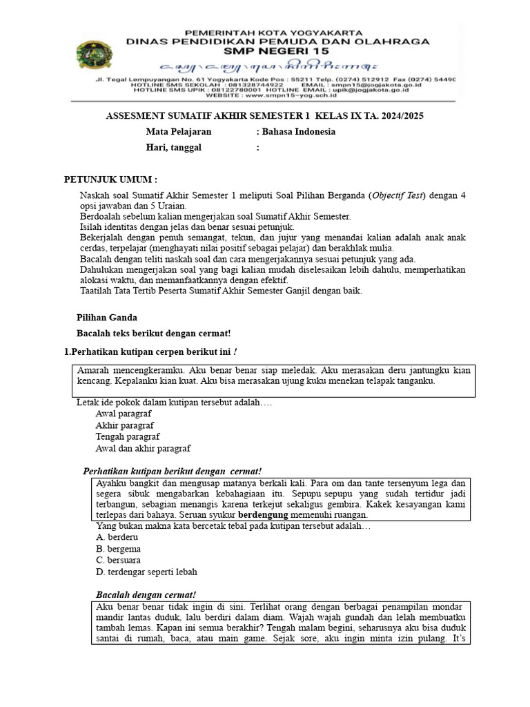 Soal Ujian Bahasa Indonesia Kelas IX | PDF