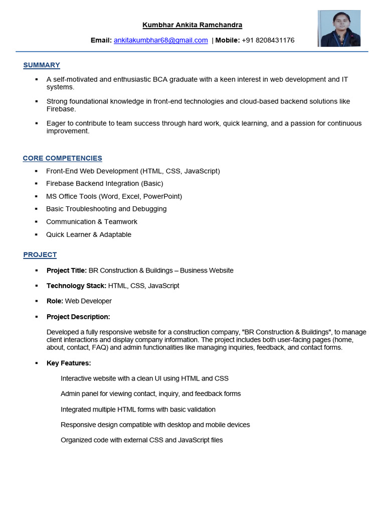 BCA Graduate Web Developer Resume | PDF | Web Development | Html
