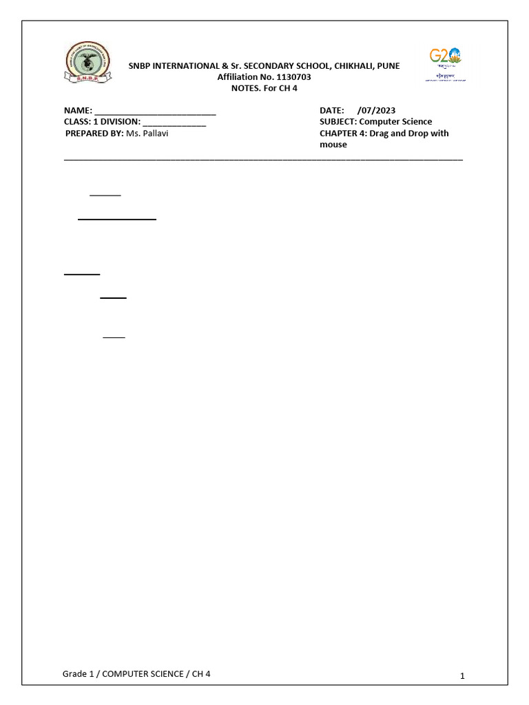 Grade 1 Computer Science: Chapter 4 Worksheet | PDF