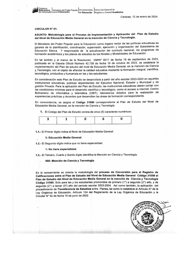 Circular N 01 Plan de Estudio Del Nivel de Educacion Media General en ...