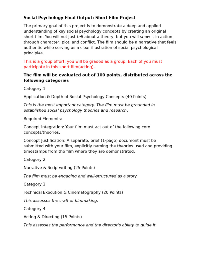 Social Psychology Short Film Project Guide | PDF