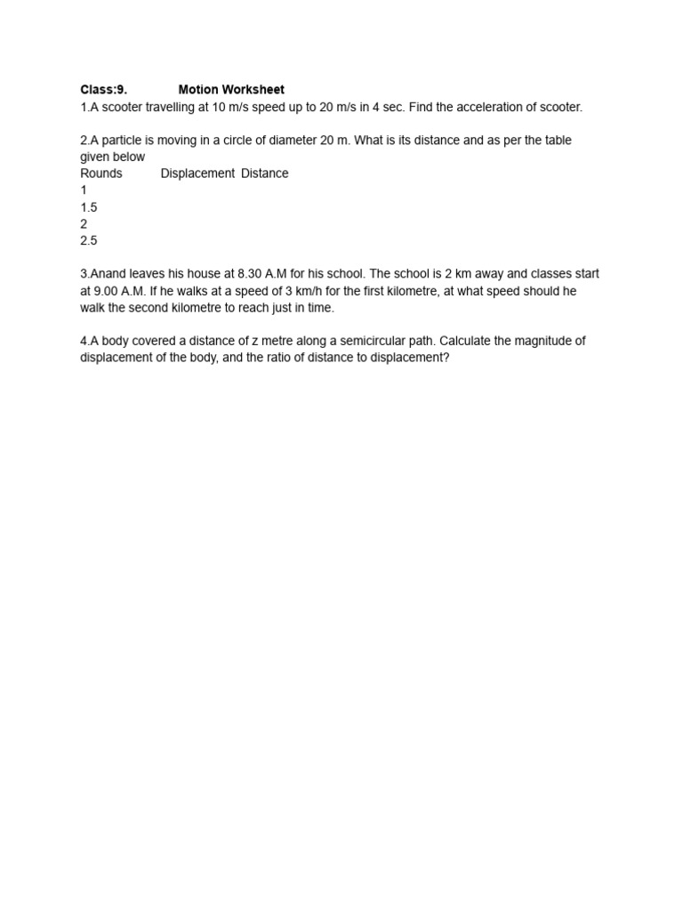 Motion Worksheet for Class 9 Students | PDF