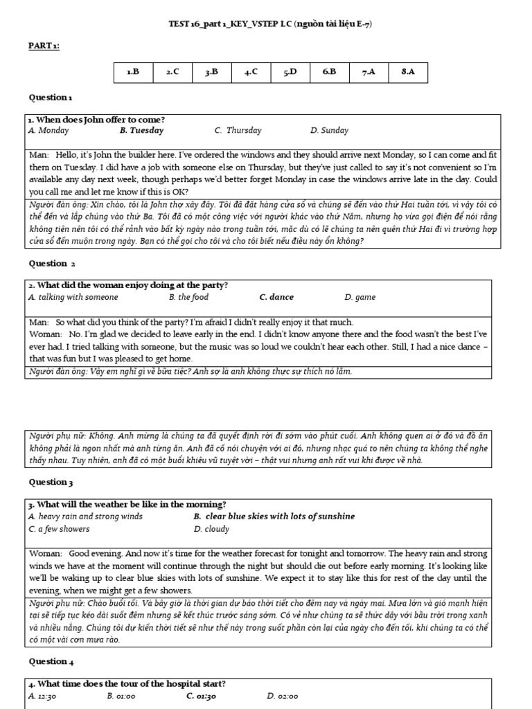 TEST 16 - Part 1 - KEY - VSTEP | PDF