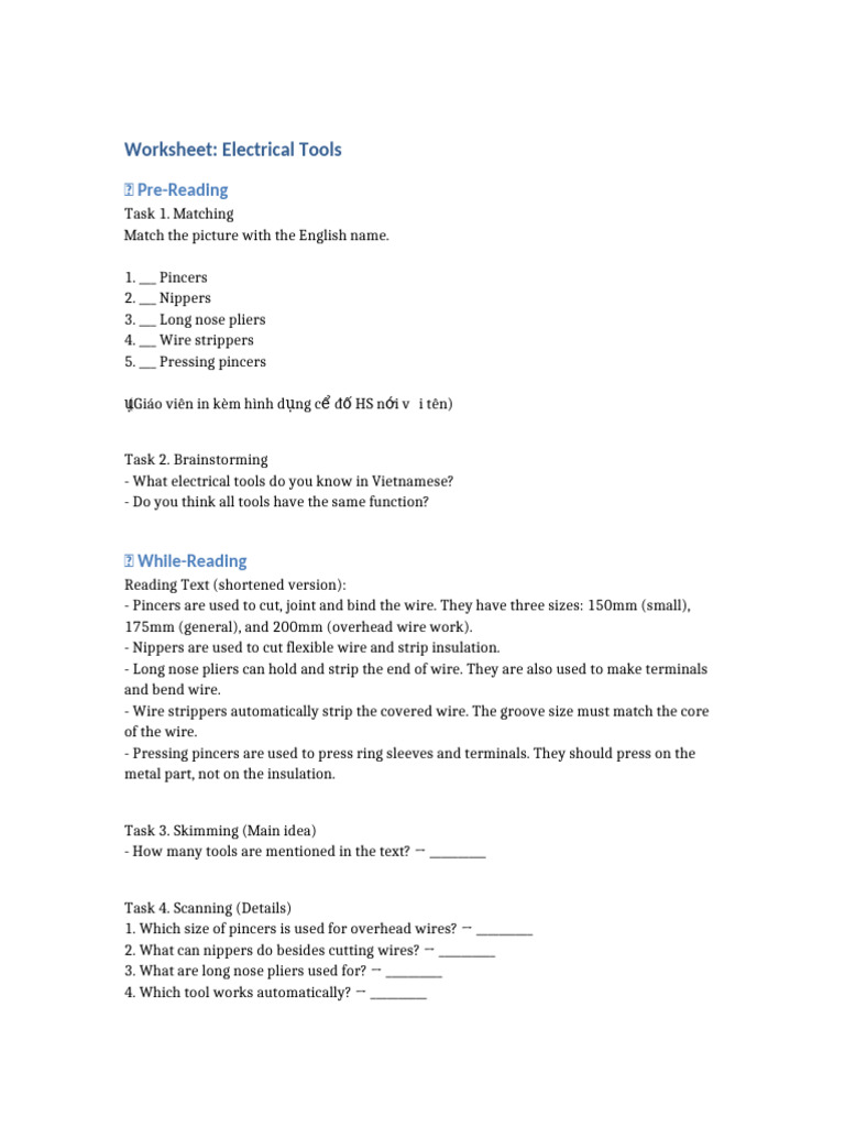 Electrical Tools Worksheet With Answers | PDF | Wire | Manufactured Goods