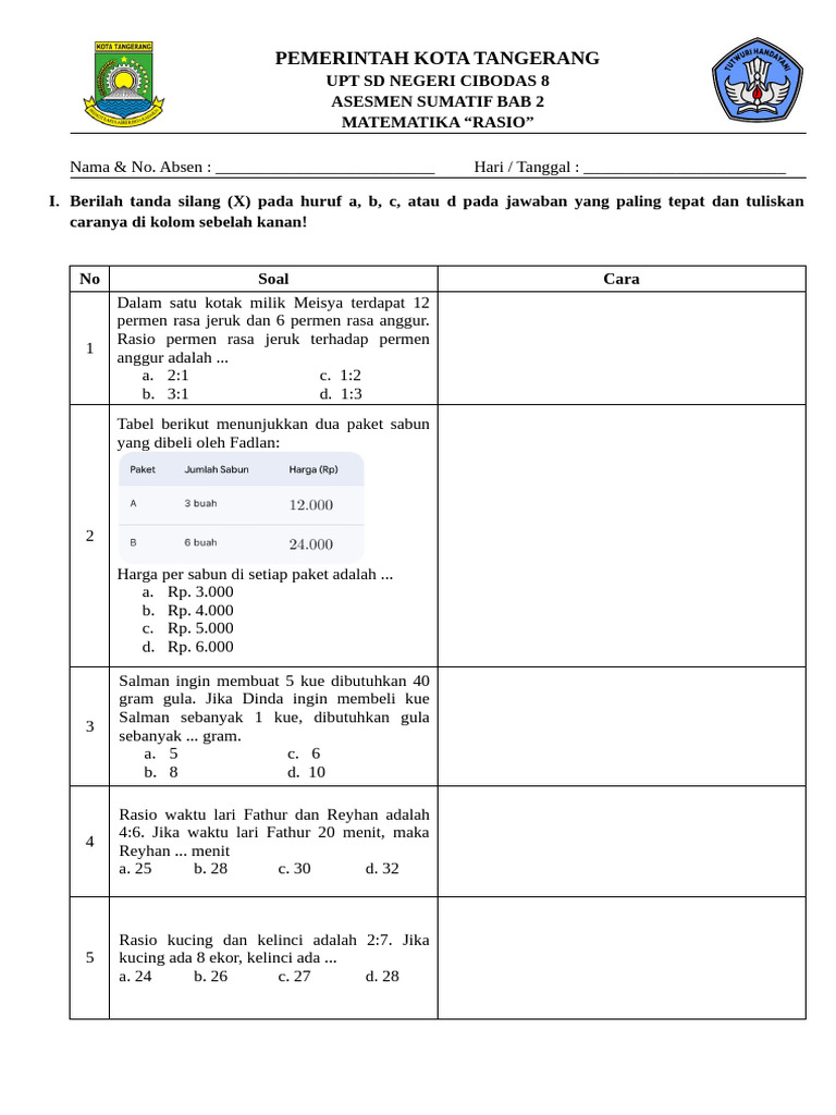 Asesmen Matematika: Rasio dan Perbandingan | PDF