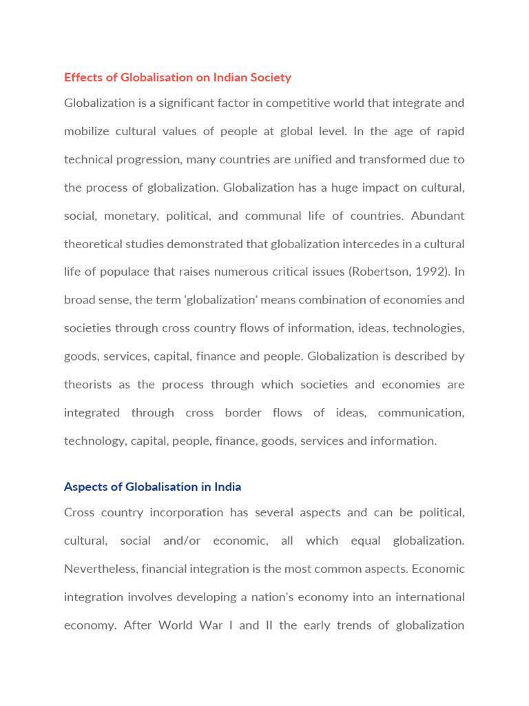 Impact of Globalization on Indian Society | PDF | Globalization ...