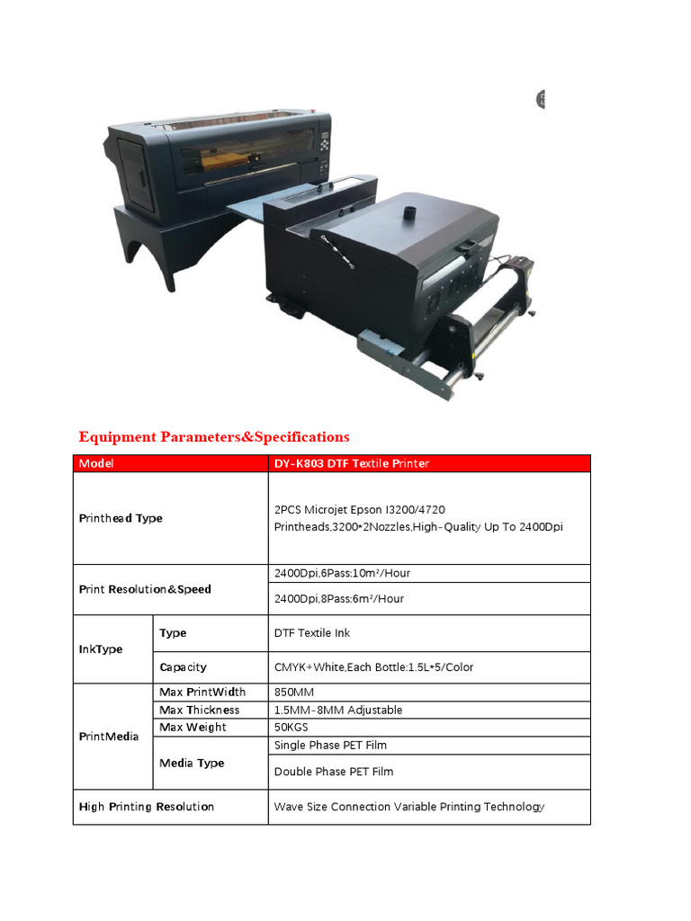 DY-K803 DTF Textile Printer Specs | PDF