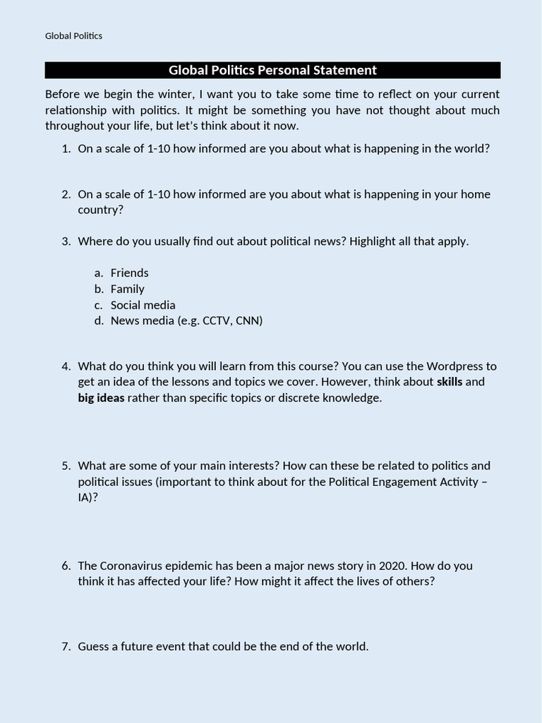 Global Politics Personal Statement | PDF