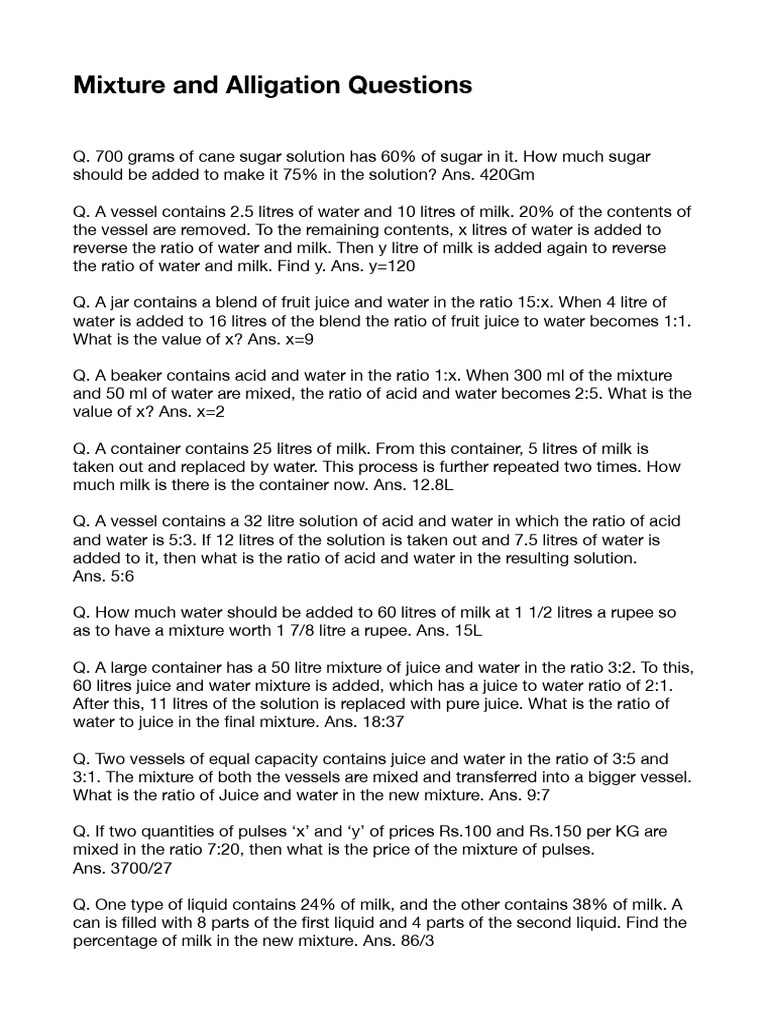 Mixture and Alligation Problem Set | PDF | Ratio