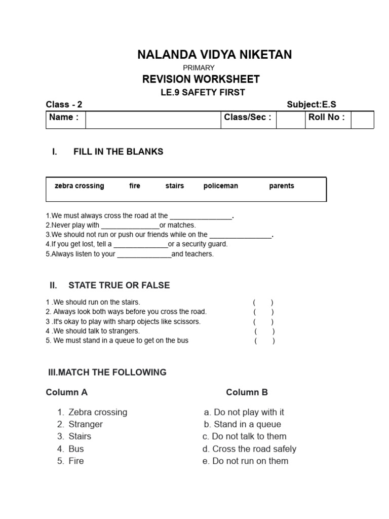 Class 2 Safety First Worksheet | PDF