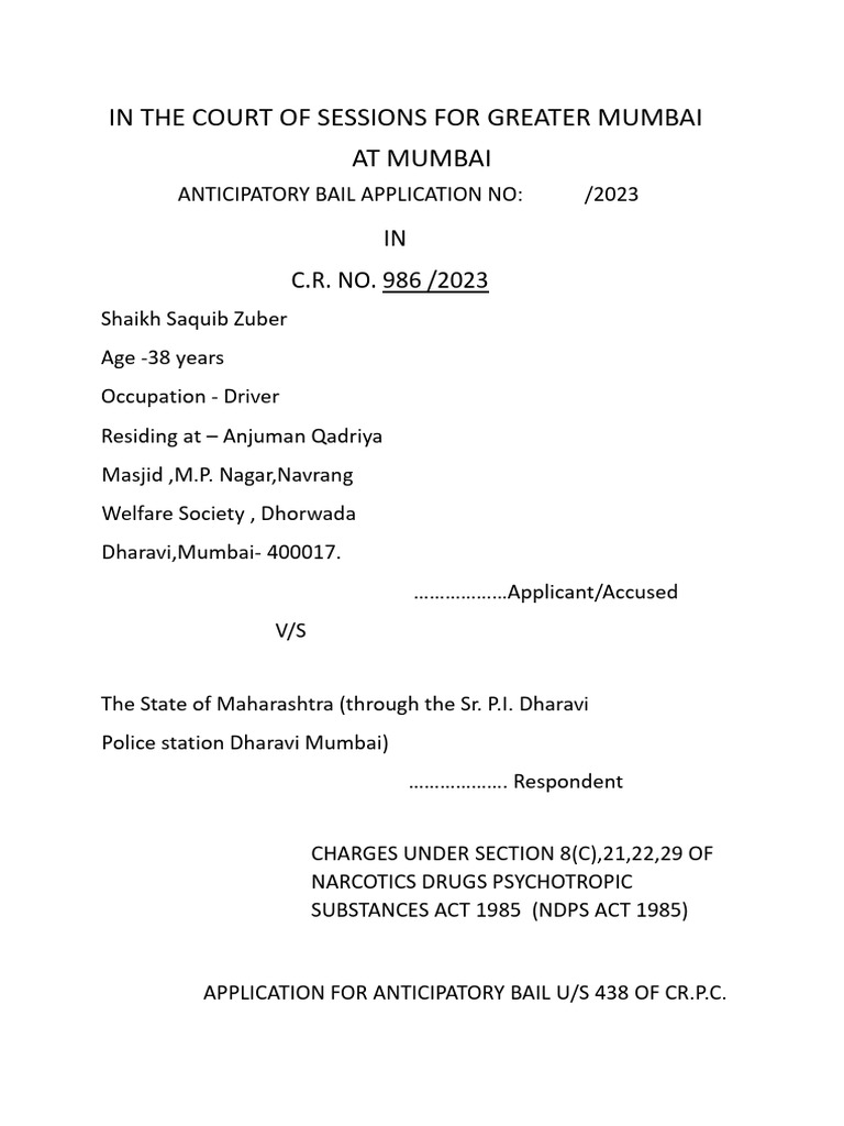 In The COURT of SESSSIONS For GREATER MUMBAI Bail Application Ndps ...