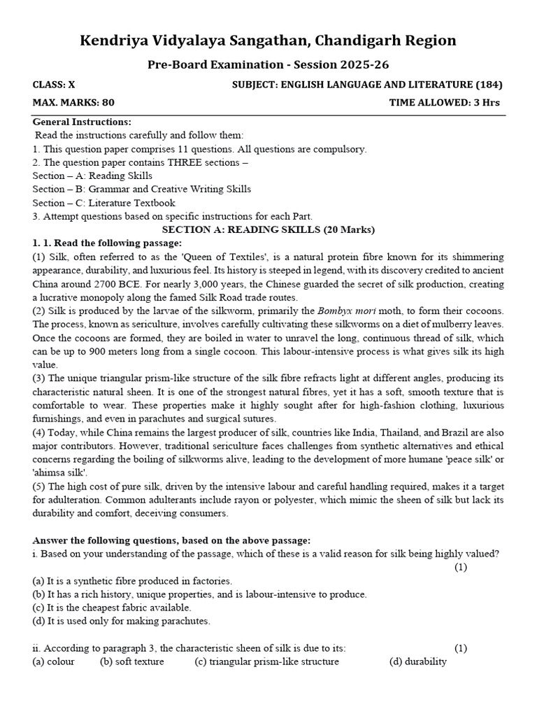 Class X English Pre-Board Exam 2025-26 | PDF | Silk | Desert