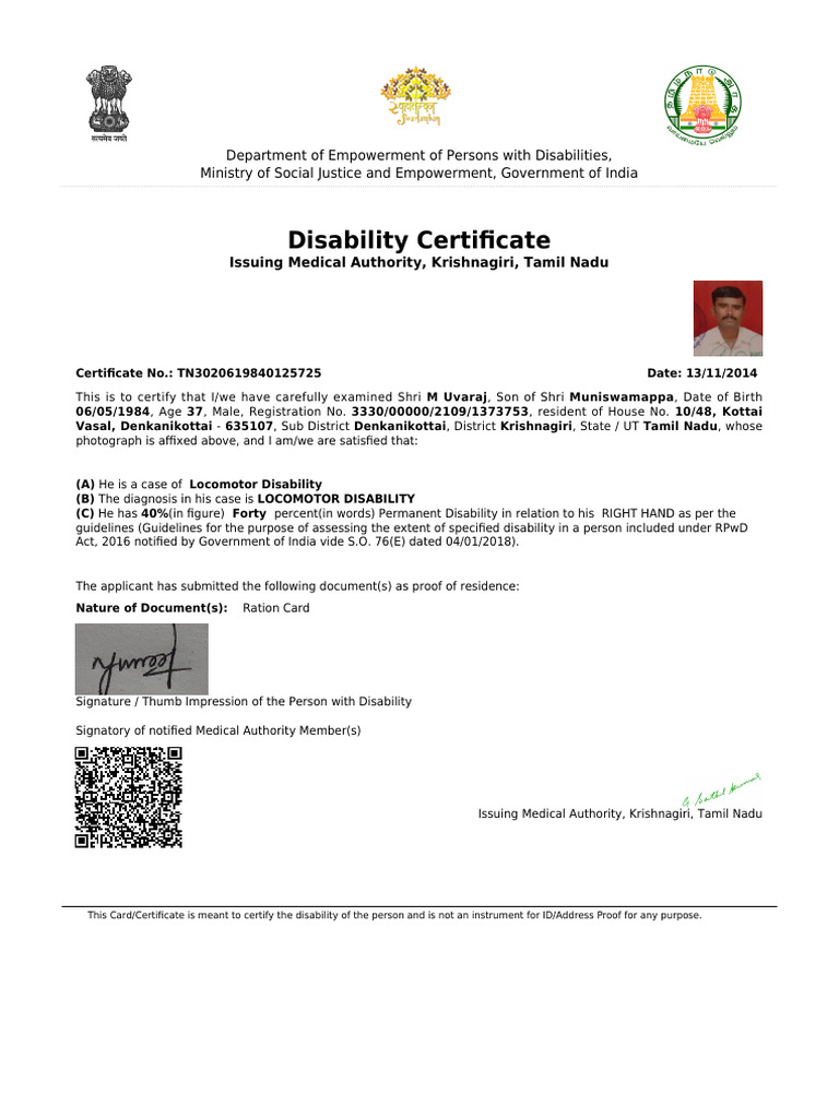 Disability Certificate for Locomotor Disability | PDF