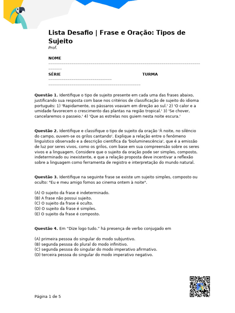 Tipos de Sujeito na Língua Portuguesa | PDF | Assunto (gramática ...