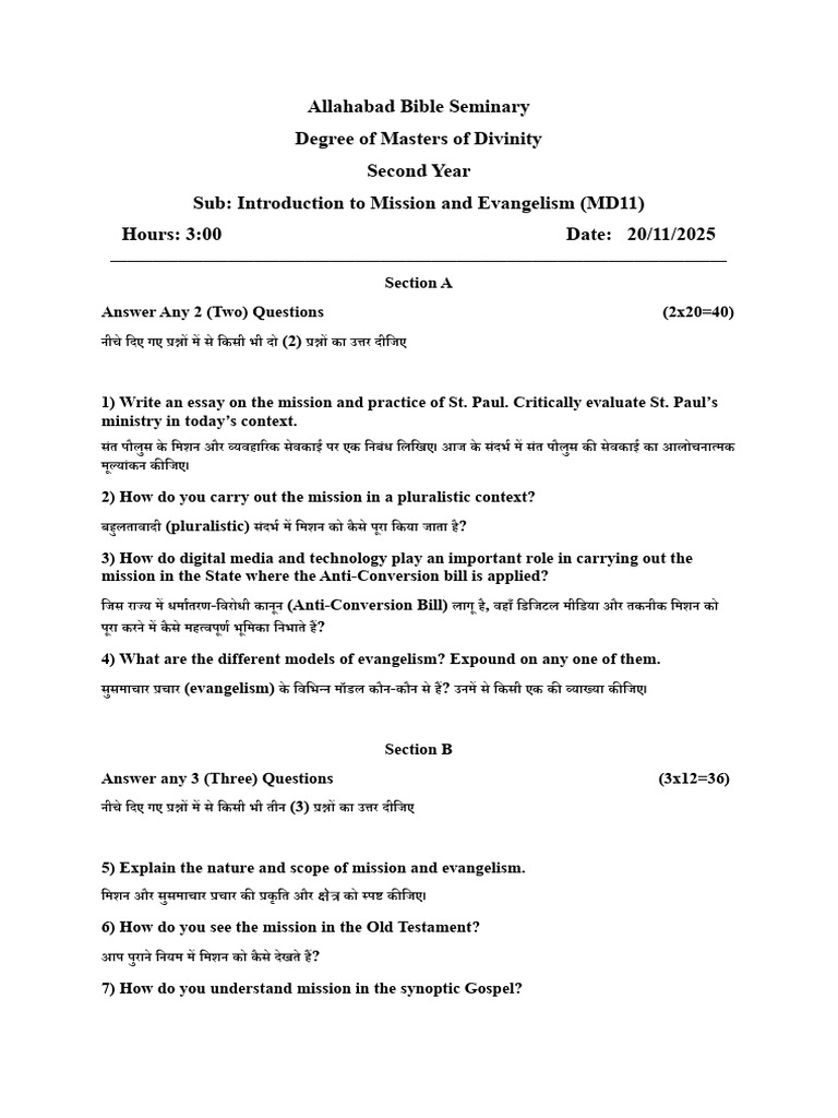 Introduction To Mission and Evangelism Question Paper | PDF
