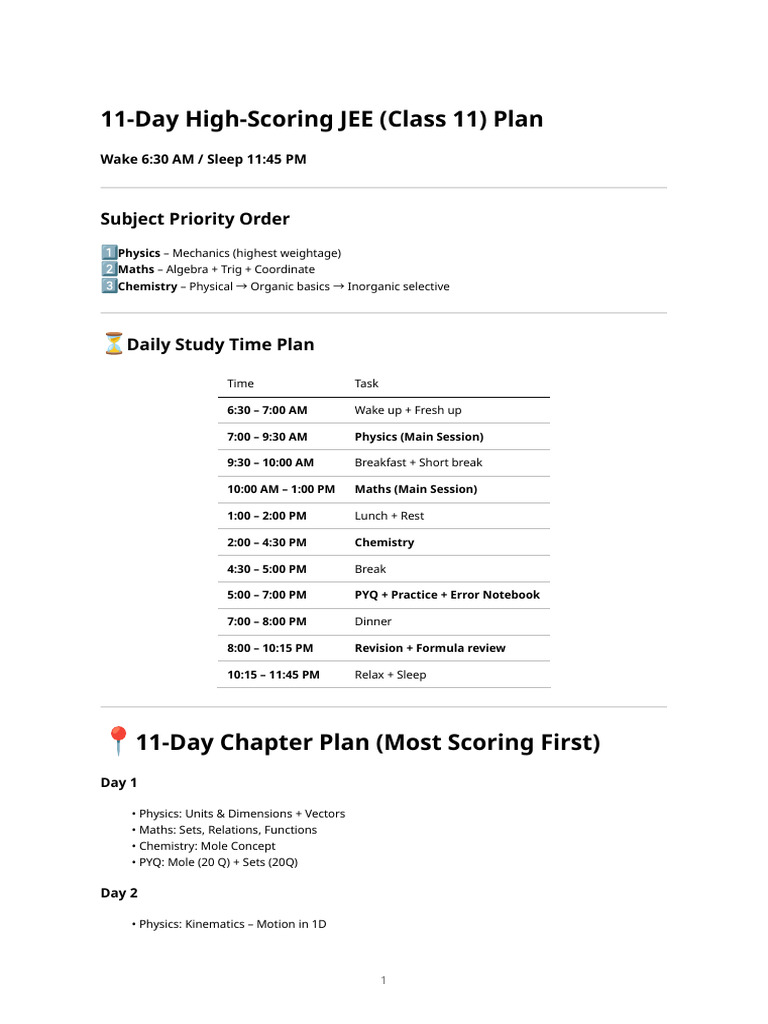 11-Day JEE Study Plan for Success | PDF | Chemistry | Kinematics