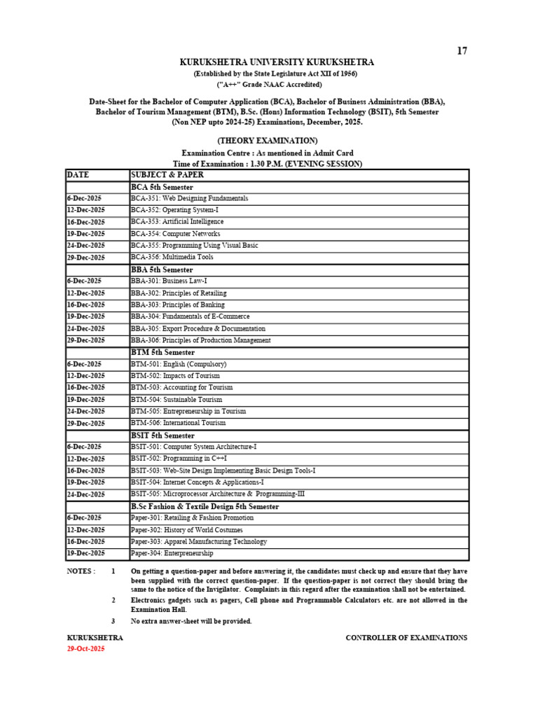 Kurukshetra University December 2025 Exam Schedule | PDF | Computing