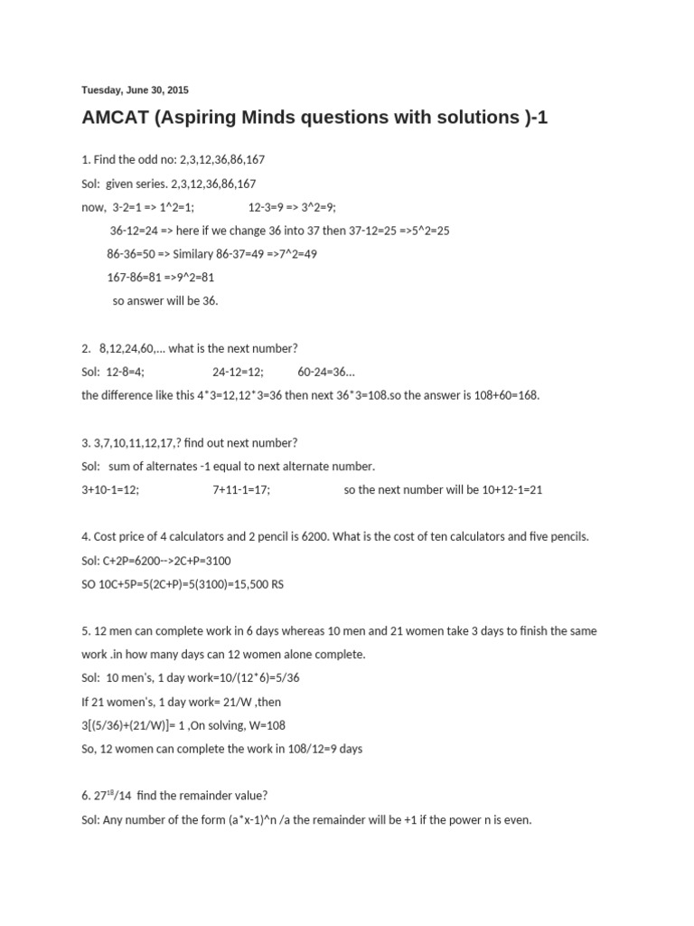 Amcat QN Paper 30th June 2015 (Set 7) | PDF | Numbers | Odds