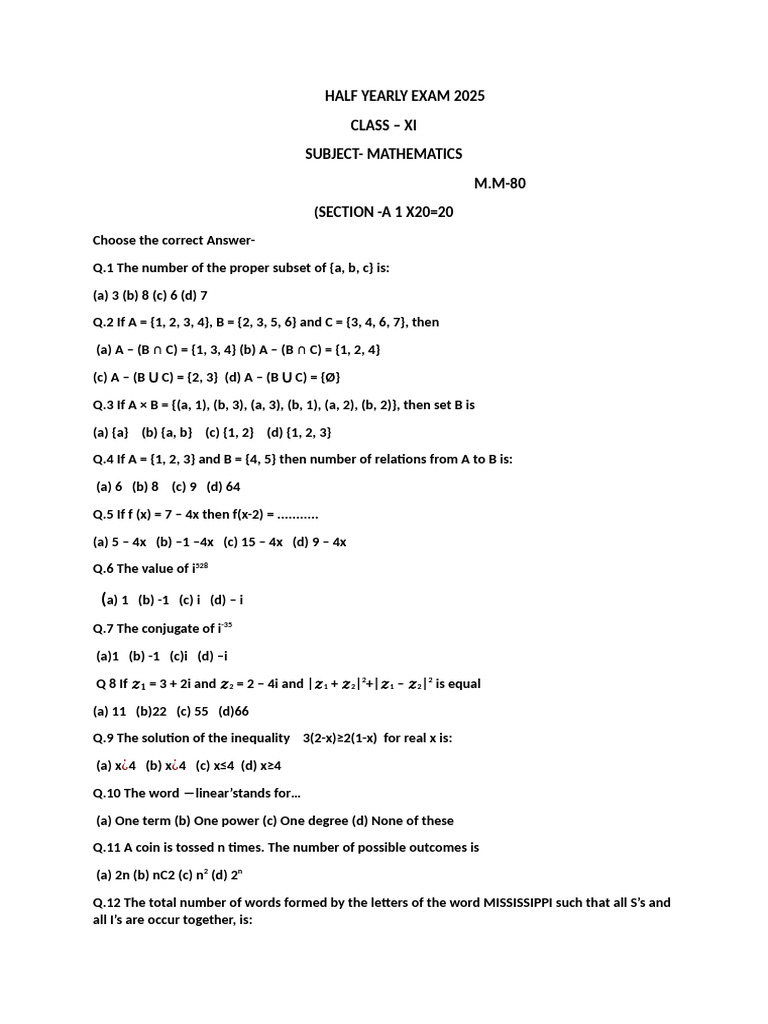 Class XI Mathematics Half-Yearly Exam 2025 | PDF | Cartesian Coordinate ...