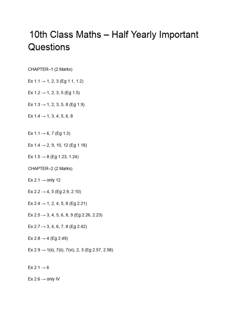 10th Class Maths Half Yearly Questions | PDF