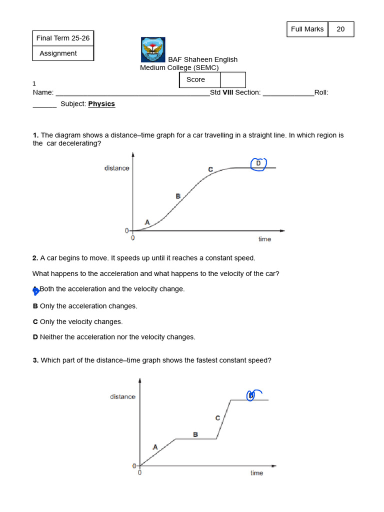 VIII Physics MT Assignment 2025-26 | PDF | Acceleration | Speed