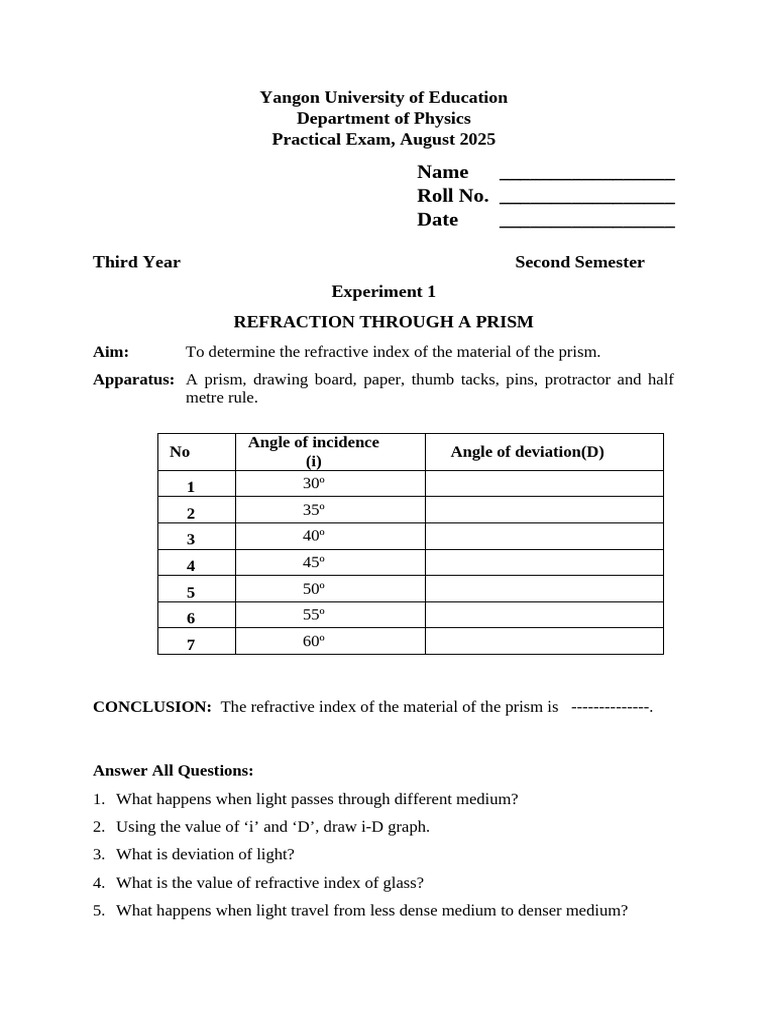 Physics Practical Exam: Refraction & Photoelectric Effect | PDF ...