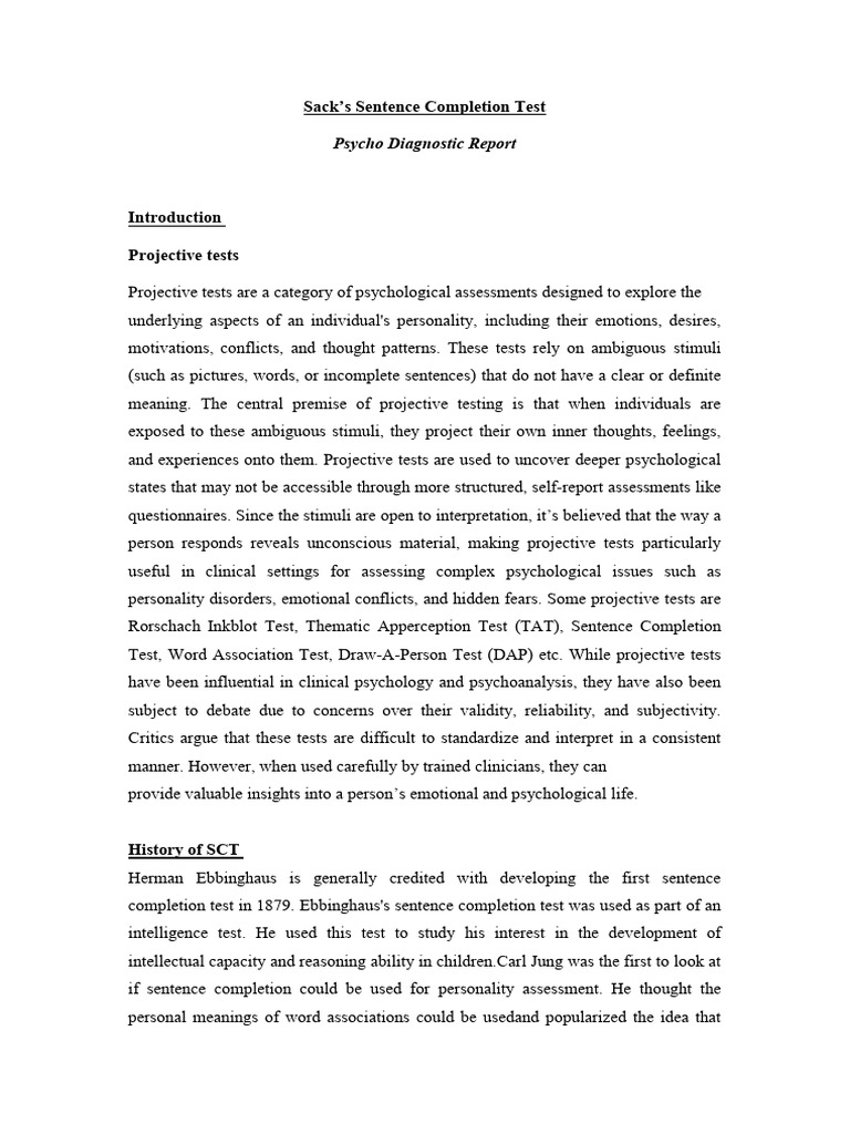 Sacks Sentence Completion Test Overview | PDF | Attitude (Psychology ...