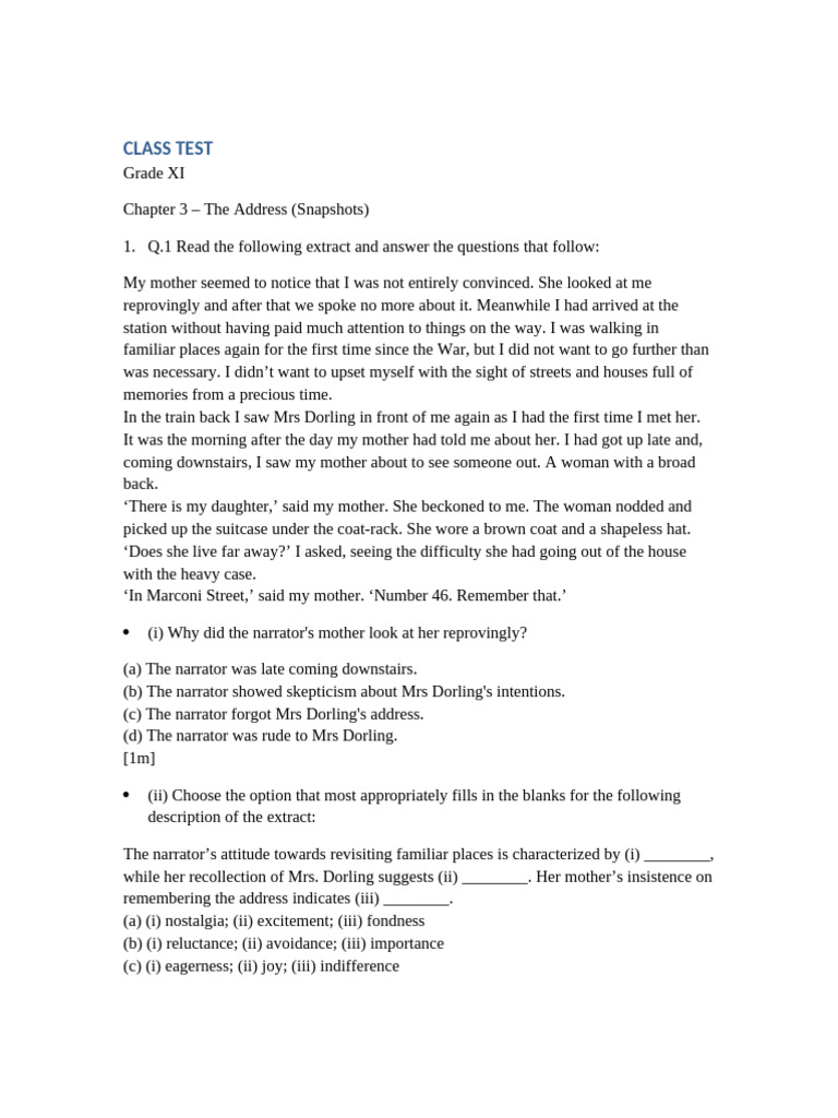 Grade XI Class Test: The Address Analysis | PDF