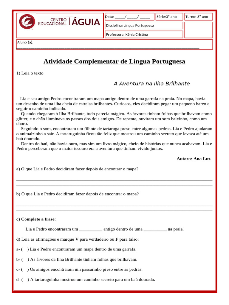 Atividade de Língua Portuguesa 3º Ano | PDF | Assunto (gramática ...