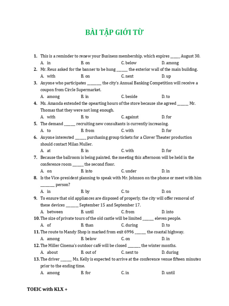 TOEIC Prepositions Practice Exercises | PDF