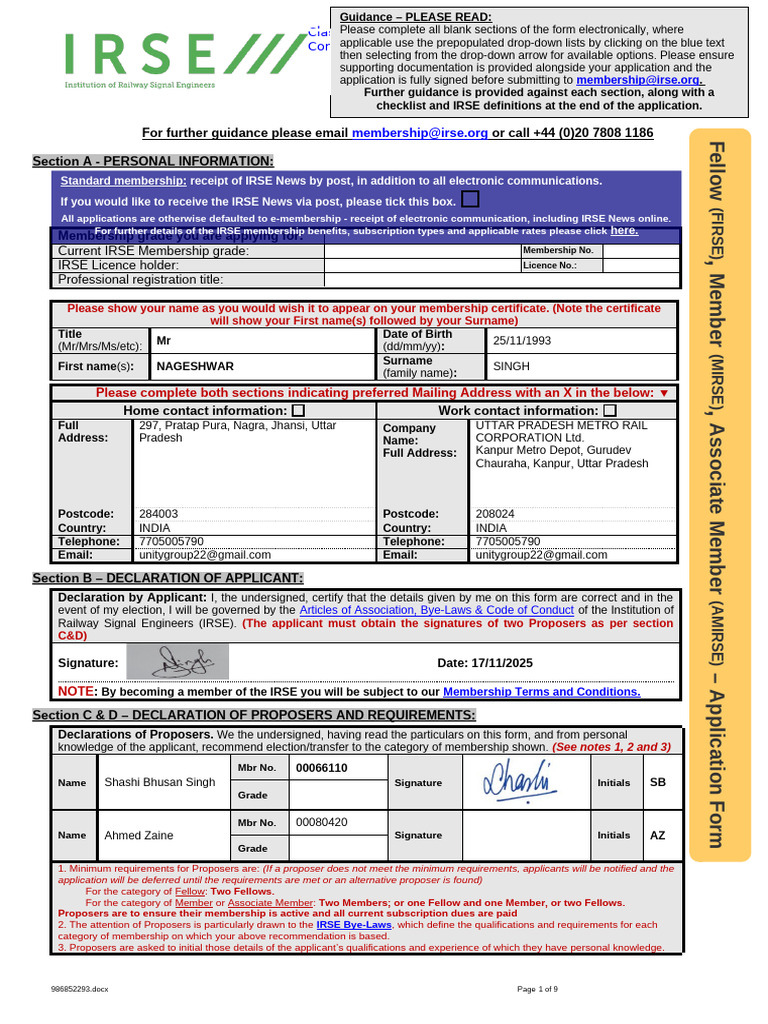 IRSE Membership Application Form | PDF | Verification And Validation ...