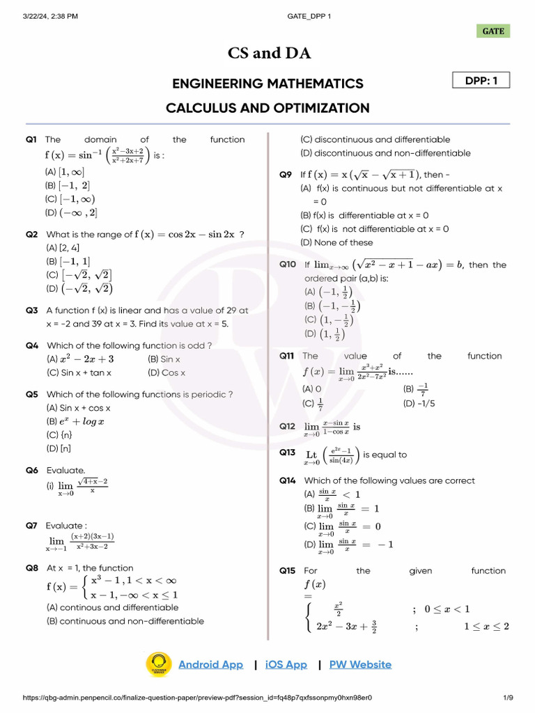 Calculus and Optimization DPP 01 | PDF
