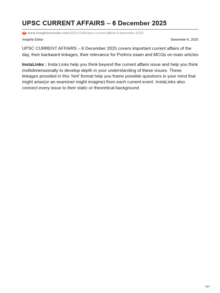 UPSC CURRENT AFFAIRS - 6 December 2025 | PDF | Reserve Bank Of India ...